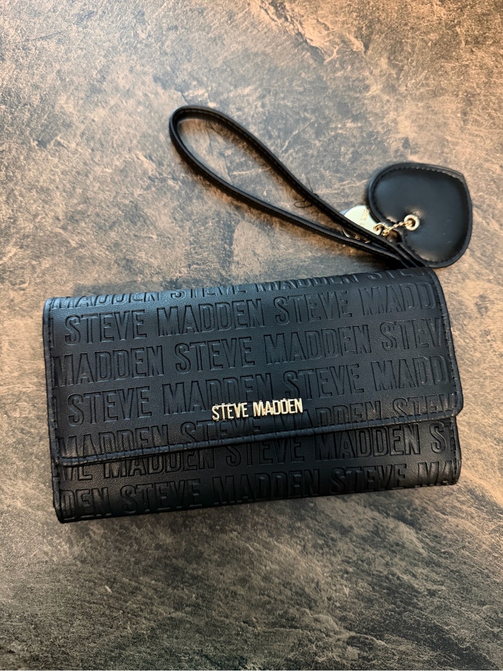 Steve Madden Black Embossed Logo Keychain Wallet with Gold Accents